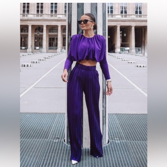 Zara Pants & Jumpsuits Zara Purple Pleated Satin Palazzo Pants